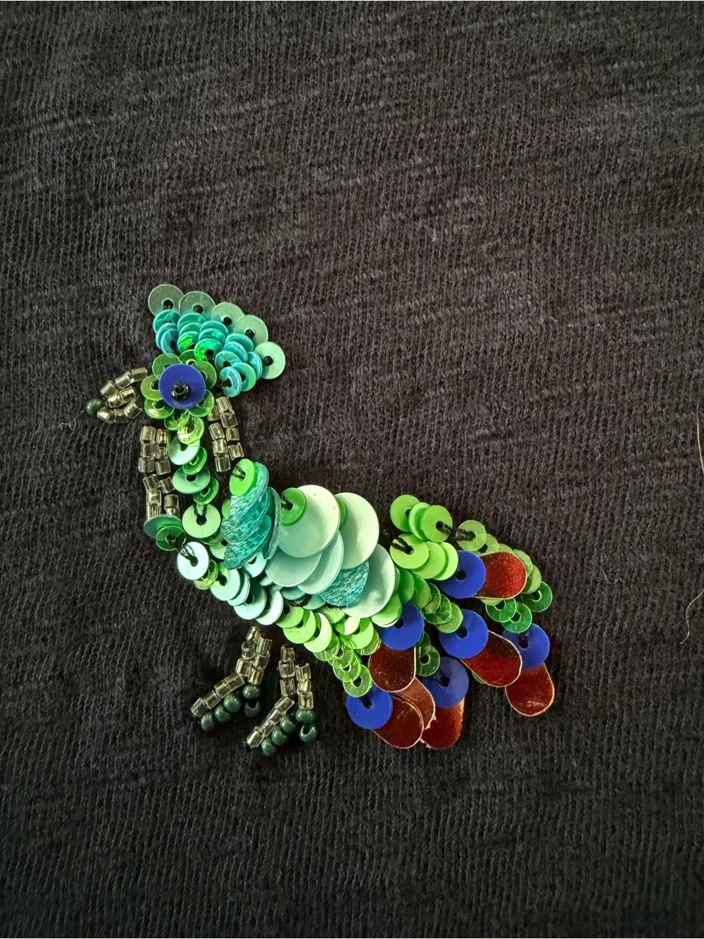 Talbots Navy Short-Sleeve Tee with Green & Multi Sequin Bird Applique